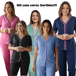 Kit com 2 Pijamas Feminino Amamentação, cirurgico com botões Meia Manga com calça Malha Cor Sortida em Oferta na Shopee
