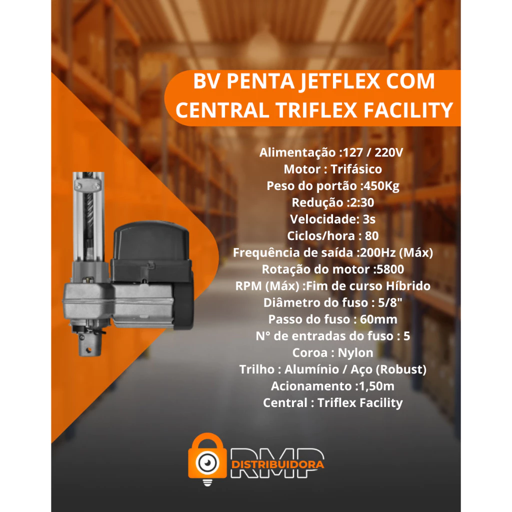 KIT MOTOR PORTÃO BASCULANTE B.V PENTA JETFLEX 3S PPA COM CENTRAL TRIFLEX FACILITY