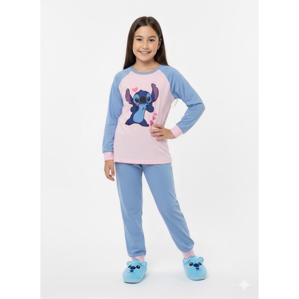 Pijama infantil stitch menina maga longa e calça frio algodão juvenil em Oferta na Shopee