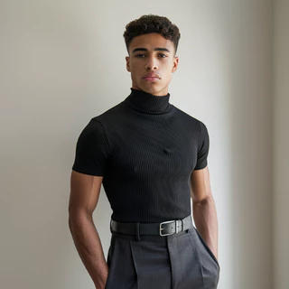 Camisa Masculina Canelada Gola Alta Casual Esporte Fino Gola Alta estilo Old Money
