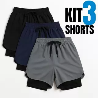 Kit 3 Shorts 2 em 1 Iron Bull Dry Masculino Corrida e Academia com Forro de Compressão