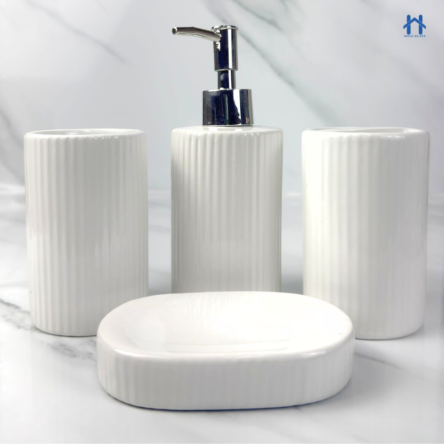 Kit de Banheiro Cerâmica com 4 Peças Porta Sabonete Líquido/Saboneteira/Porta Escova/Porta algodão