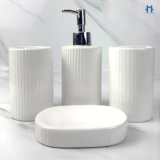 Kit de Banheiro Cerâmica com 4 Peças Porta Sabonete Líquido/Saboneteira/Porta Escova/Porta algodão