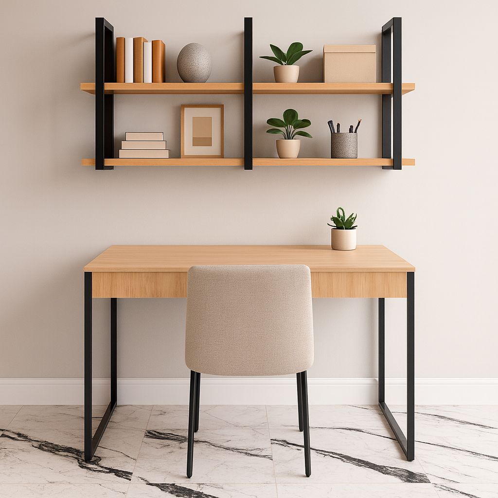 Conjunto Mesa Industrial p/ Escritório com Prateleira Dupla Suspensa em ...