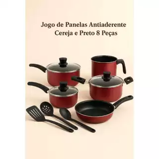 Kit Panelas Antiaderentes - CEREJA & PRETO com Tampas de Vidro ( Jogo com 8 peças, com 5 camadas de Teflon Premium)