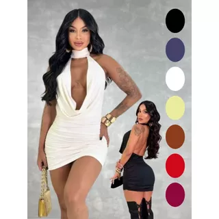 Vestido Curto Feminino Balada P ao G - Decote Profundo V - Suplex Justo Franzido nas Laterais - Lançamento Festa Suplex
