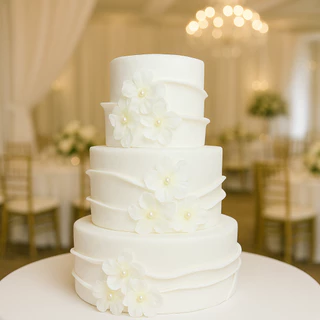 Bolo Fake Casamento Ruflado Flores Brancas 20x15x10 Efeito Espatulado Em EVA Sem Emendas