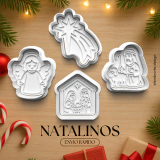 🎄 Kit 4 Cortadores e Carimbos Natal - Moldes para Biscoitos, Confeitaria, Pasta Americana, Biscuit 🍪