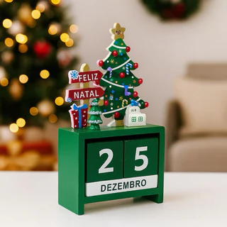 Calendário Natalino Perpétuo de Madeira 14cm Enfeite de Mesa para Decoração de Natal
