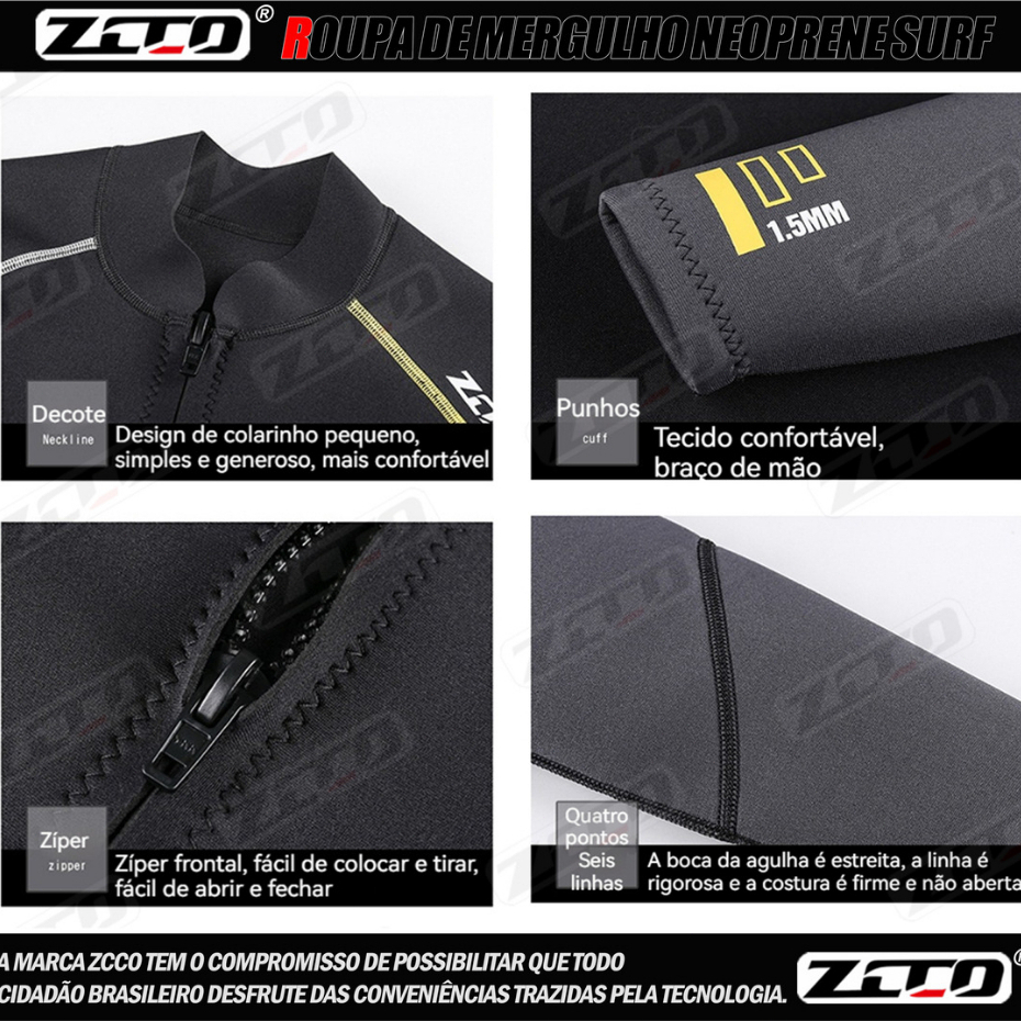 ZCCO Roupa de Mergulho 1.5mm Neoprene c/Zíper YKK Frontal, Costura