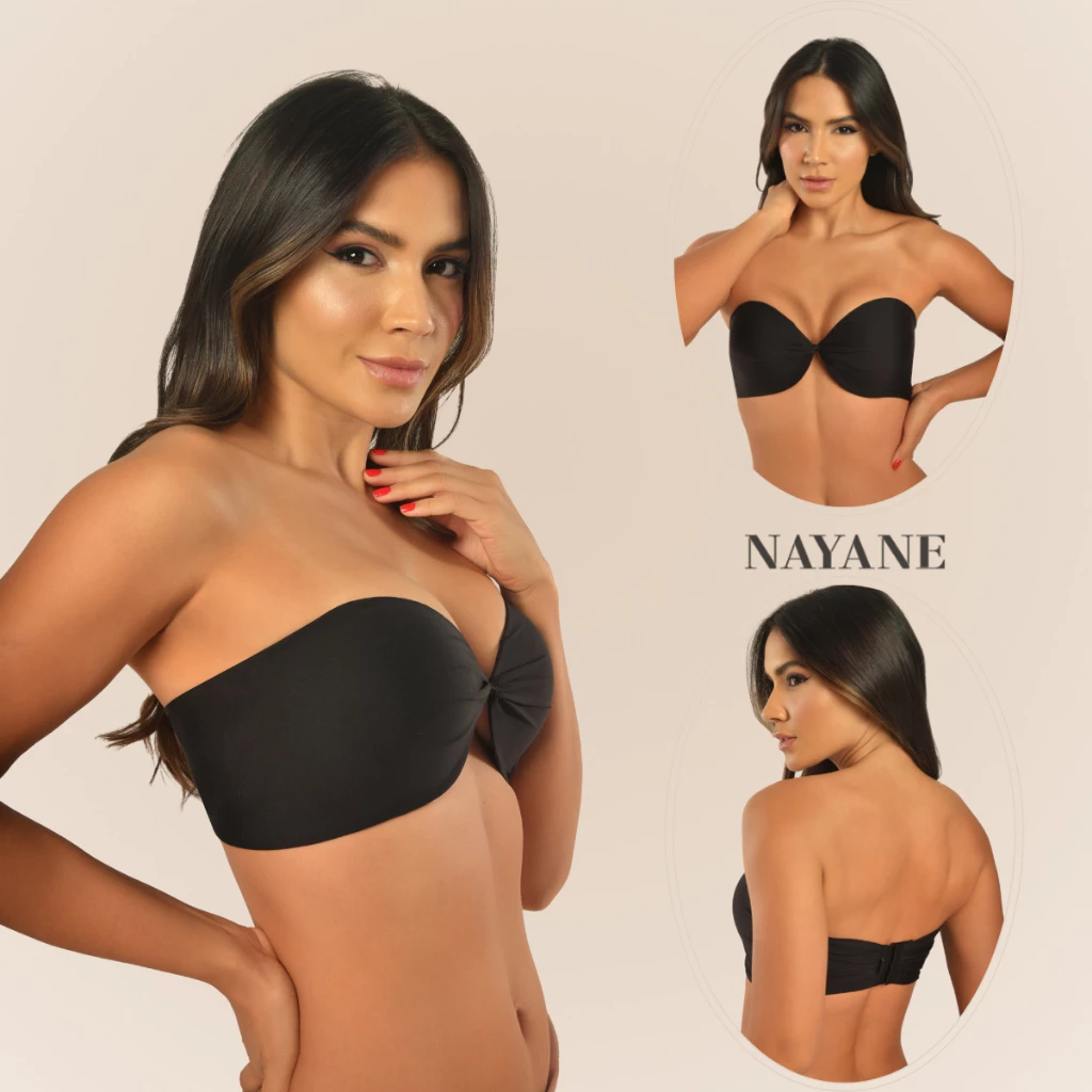 Modelo apresentando sutiã tomara que caia preto de frente e de costas