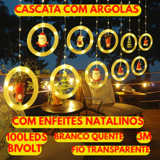 Cascata De Led 3M Com Argolas Com Enfeites Natalinos 100 Leds Bivolt Fio Transparente Branco Quente em Oferta na Shopee