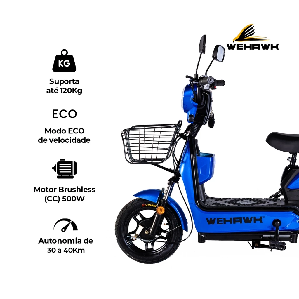 Close lateral da scooter elétrica WeHawk azul destacando especificações técnicas como motor de 500W e capacidade de 120kg