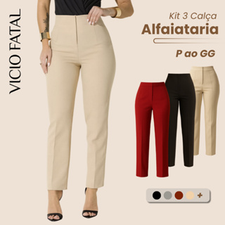 Lote 3 Calça Feminina de Alfaiataria Cintura Alta Reta sem Bolsos Verão Fresco Lisa Diferentes Cores