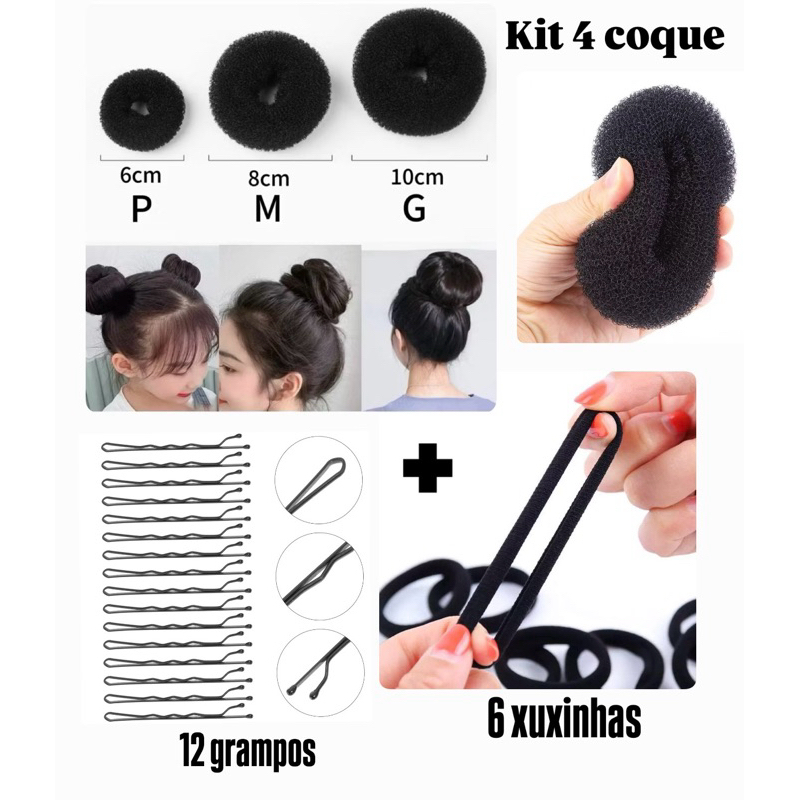 Kit 4 Acessórios esponja Para Fazer Coque grampo e xuxinha cabelo ...