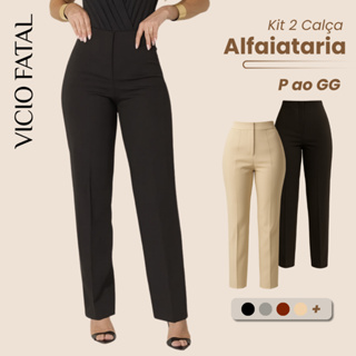 Lote 2 Calça Feminina de Alfaiataria Cintura Alta Tendencia Lisa sem Bolsos Reta Diferentes Verão