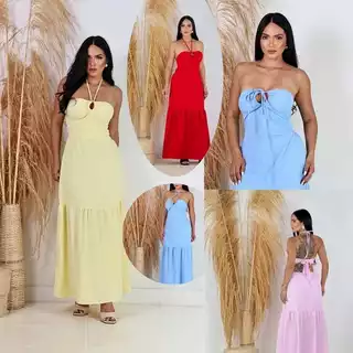 vestido longo feminino liso com detalhe no busto com bojo de 3 formas de usar. em Oferta na Shopee