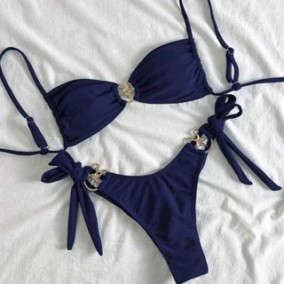 Conjunto de Biquini Praia Feminino com Decote Tomara Que Caia, Fita e Decoração Metálica, Praia Verão 2026 em Oferta na Shopee