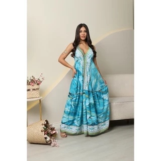 VESTIDO INDIANA VERÃO ESTAMPADO VARIAS CORES VISCOLINHO  LONGO ABERTURA NAS COSTAS ALSINHA CORTE V