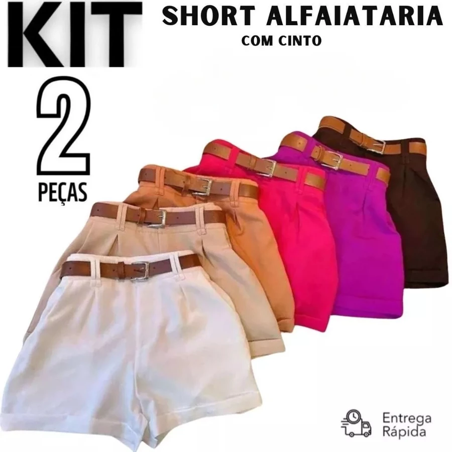 Kit 2 Short Feminino Alfaiataria Social com um Cinto Cintura Alta PROMOÇÃO