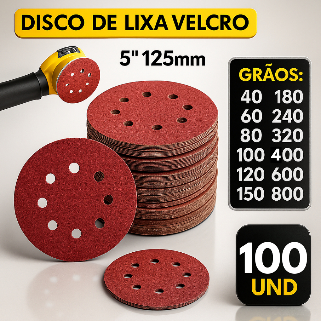 Kit 100 Disco Lixa com Velcro 125mm 8 Furos Rokit Politriz