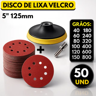 Kit Base Suporte 125mm com Adaptador M14 + 50 Lixas 8 Furos Com Velcro 5" Furadeira Esmerilhadeira Lixadeira Orbital
