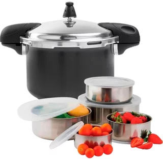 Panela de Pressão Indução 5.4L  Brinox Pressure Revestimento Cerâmico c/ Jogo de 5 Potes em Aço Inox em Oferta na Shopee