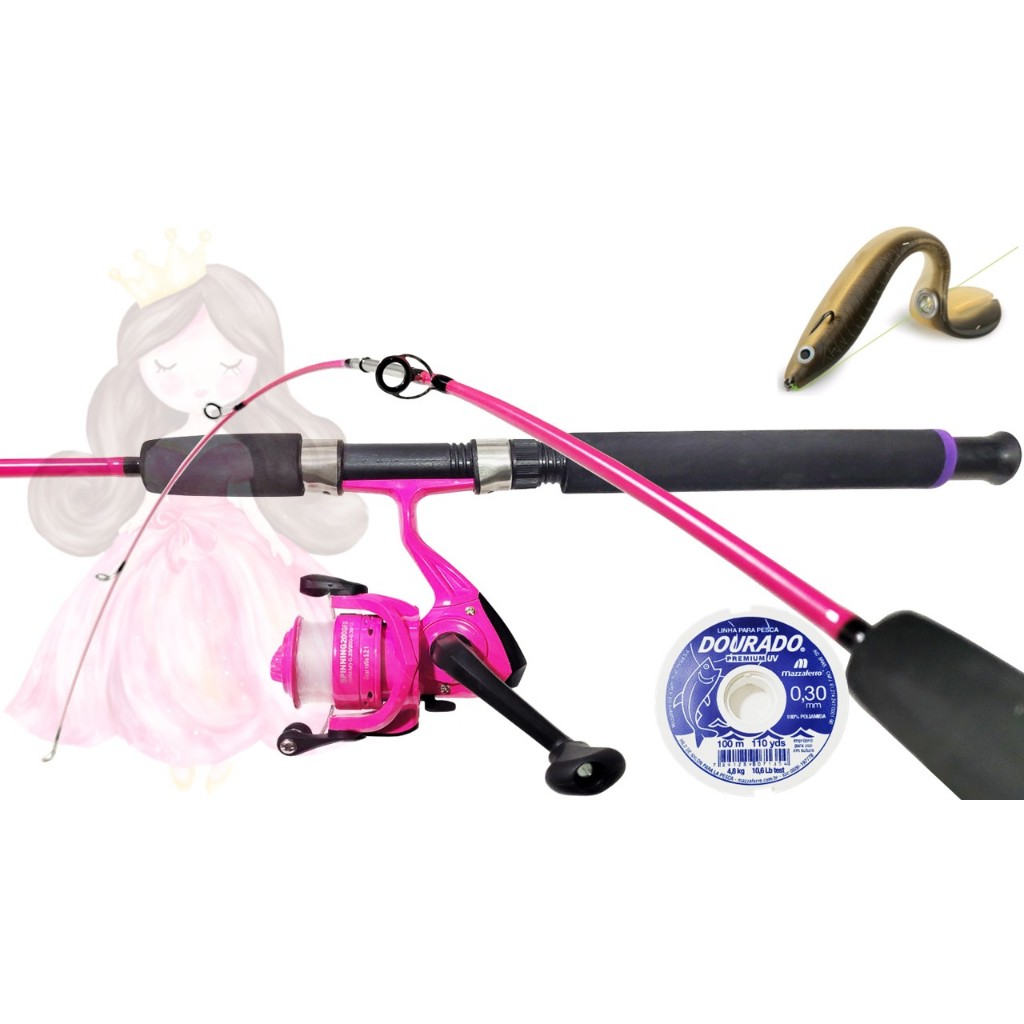 Kit de Pesca Princesa Rosa Molinete c/linha Vara maciça 1.20m