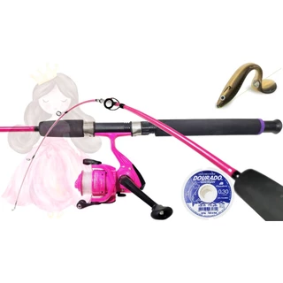 Kit de Pesca Princesa Rosa Molinete c/linha Vara maciça 1.20m