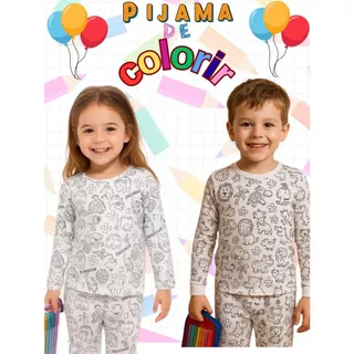 Pijama Infantil de manga longa colorir  acompanha canetinha lavável diversão para as crianças em Oferta na Shopee