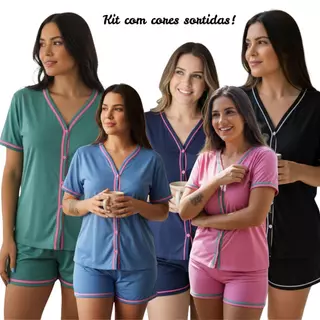 Kit com 2 Pijamas Baby Doll Amamentação Americano Cirúrgico com botões em Malha CORES SORTIDAS em Oferta na Shopee