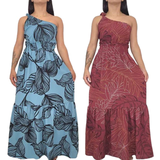 Vestido Feminino Longo Uma Alça Rodado Soltinho Adulto Babado Estampado Fresquinho Floral Florido Lastex  Plus Size em Oferta na Shopee