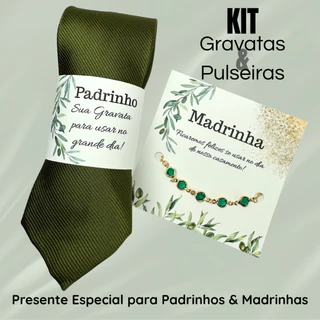 Kit Convite Casamento Padrinhos Madrinhas Presente Gravata Slim com Pulseira Folheada Ouro kit Pronto