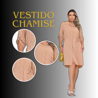 Vestido Chemise Casual Feminino Midi com Botões e Cinto em Viscolinho