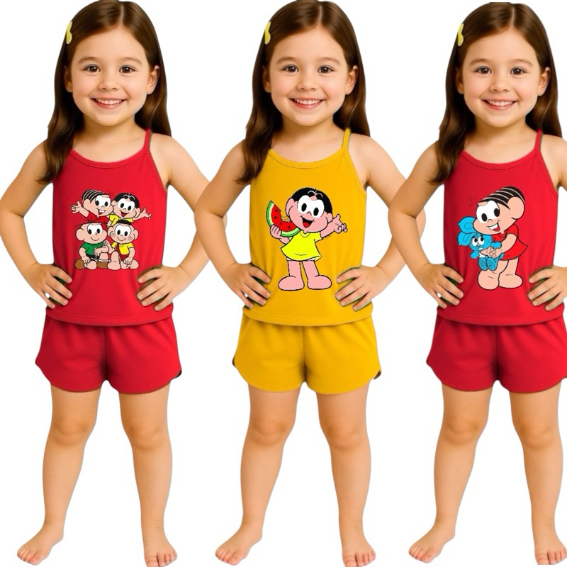 Pijama Infantil Feminino Curto Baby Doll Short Doll Alcinha Turma Mônica Verão em Oferta na Shopee