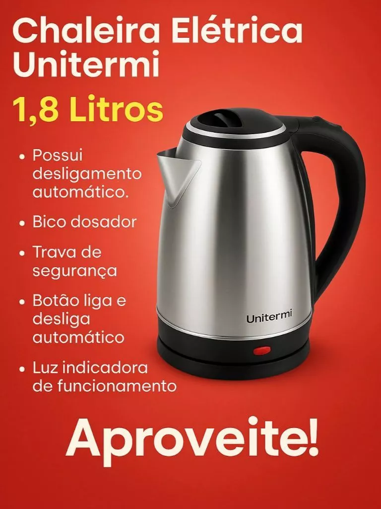 Chaleira Elétrica Inox 1,8L - 110V/220V - Ferve Rápido - Desligamento Automático - Unitermi Atacama — foto 2