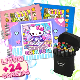 KIT Caderno de Desenhos CUTE KITTY + Estojo de Marcadores + Pacote de Adesivos com 3 Cartelas em Oferta na Shopee