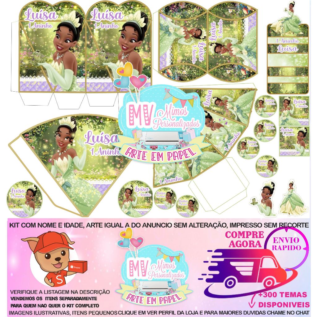 180 ITENS KIT LEMBRANCINHAS PRINCESA TIANA / PRINCESA E O SAPO COM NOME ...