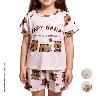 Conjunto pijama infantil menina 2 peças desenho fofo capivara em Oferta na Shopee