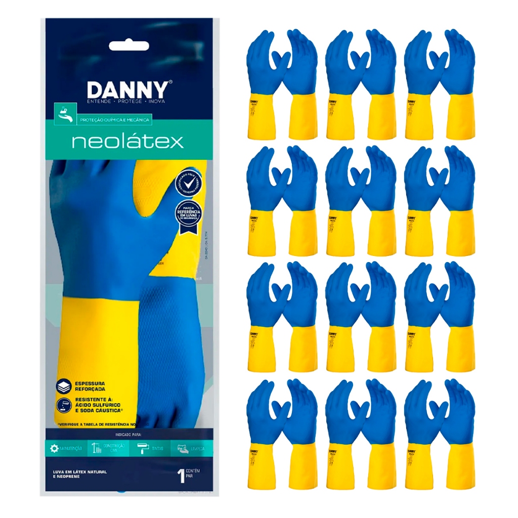 Luva Neoprene Neolátex Danny CA 5774 Kit 12 Pares Azul/Amarela Proteção ...