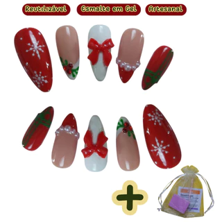 Unhas Postiças em Gel | Design Merry Berry Natal | Feitas à Mão – Reutilizáveis