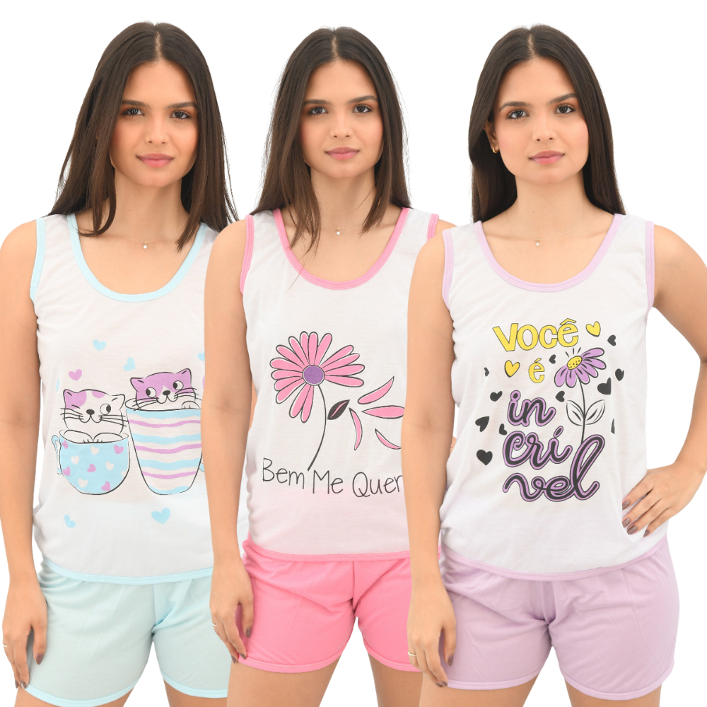 Pijama Baby Doll Feminino Mania de Sonhar Regata Estampado Fundo Branco Short Liso Malha Leve Conforto em Oferta na Shopee