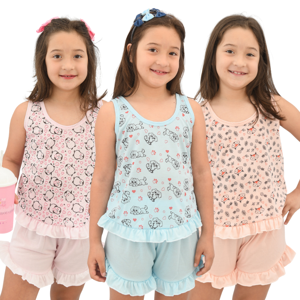 Pijama Feminino Babydoll Infantil Regata com Babado Confortável para Crianças em Oferta na Shopee