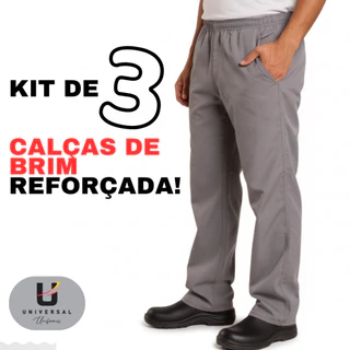 KIT 3 Calças Brim REFORÇADA P/ Trabalho Pesado | Uniforme Profissional C/ ELÁSTICO & Reforço