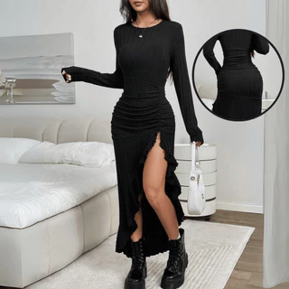 Vestido Longo Feminino Tubinho Justo Elegante Casual Festa Manga Longa Pamela Canelado Comprido em Oferta na Shopee