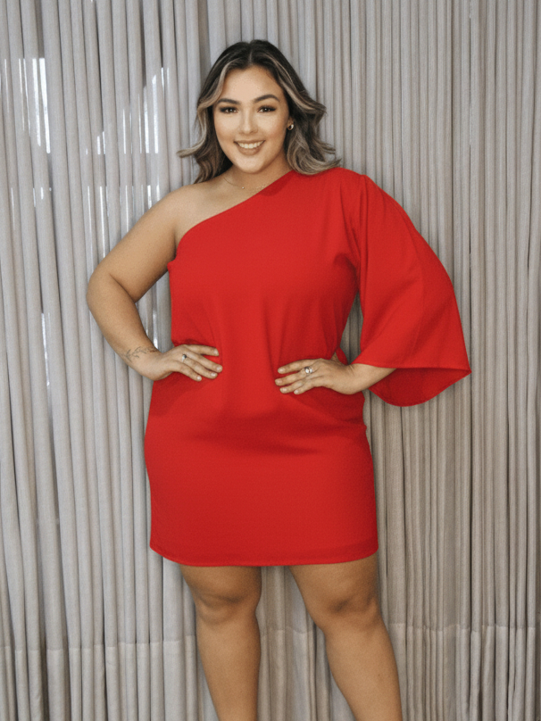 Vestido Vermelho Plus Size Manga Única Godê Um Ombro Só Curto Soltinho Casual Roupas Para Fim De Ano