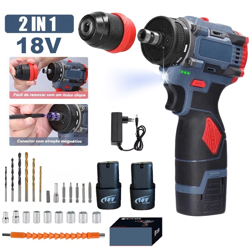 Parafusadeira Furadeira 18V 2 Baterias Impacto Elétrico Com Acessórios Bivolt