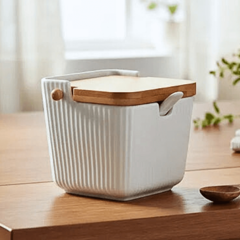 Saleiro Oasis Cerâmica com Colher Tampa em Bambu 300ml Textura