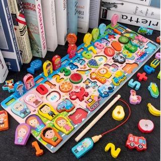 Brinquedo Educativo Montessori de Pescaria Magnética com Números, Animais e Frutas Tabuleiro Didático Infantil