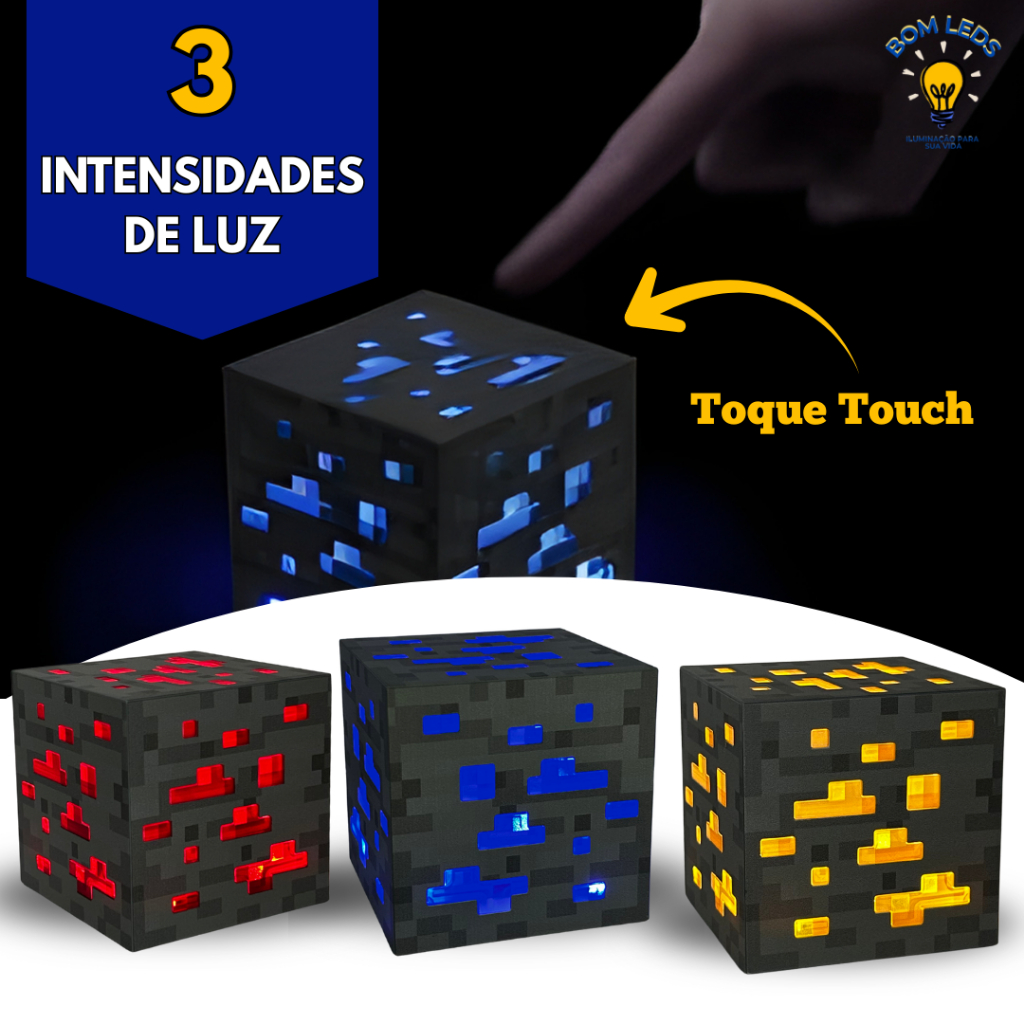 Abajur Luminária Cubo Estilo Minecraft Com 3 Níveis de Luz Toque Touch ...